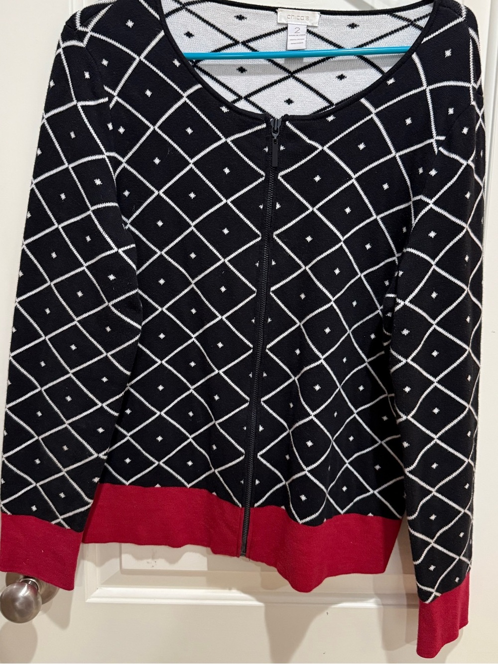 Chico's Black Diamond-Print Zip Cardigan with Red Trim